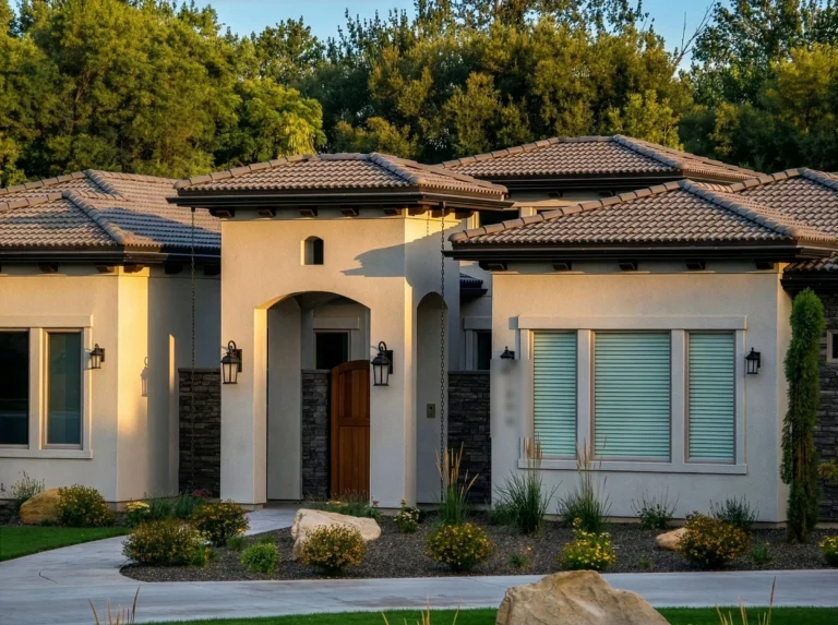 European concrete roof tile on a stucco home