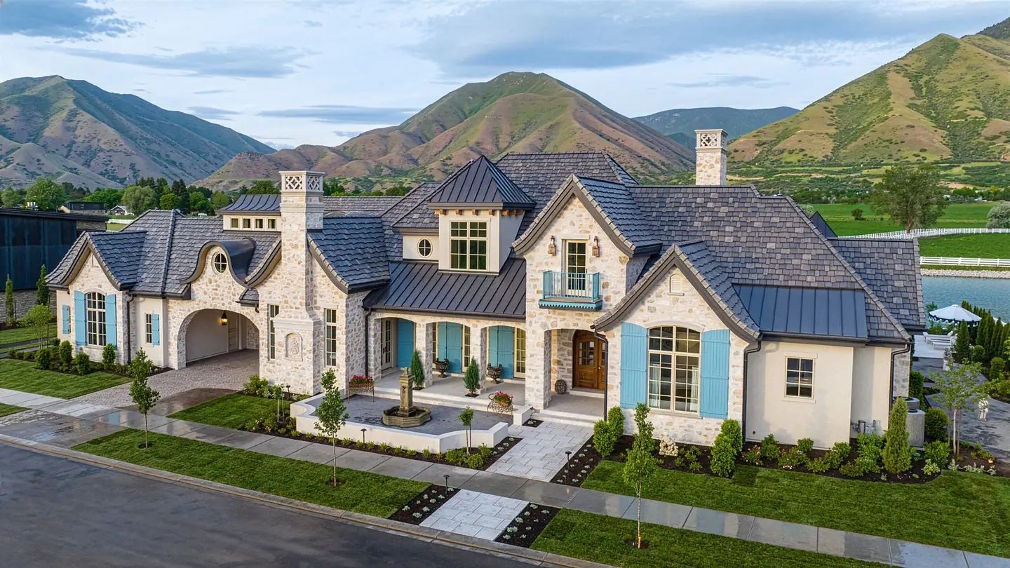 Stone home with a Bartile concrete tile roof, set against the mountains of Utah