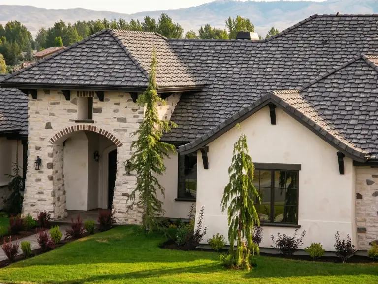 Yorkshire Slate concrete roof tile in #1650 with Vintage texture, Cottage layout, Ruffcut edge